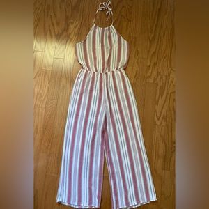Dark pink and white striped halter jumpsuit